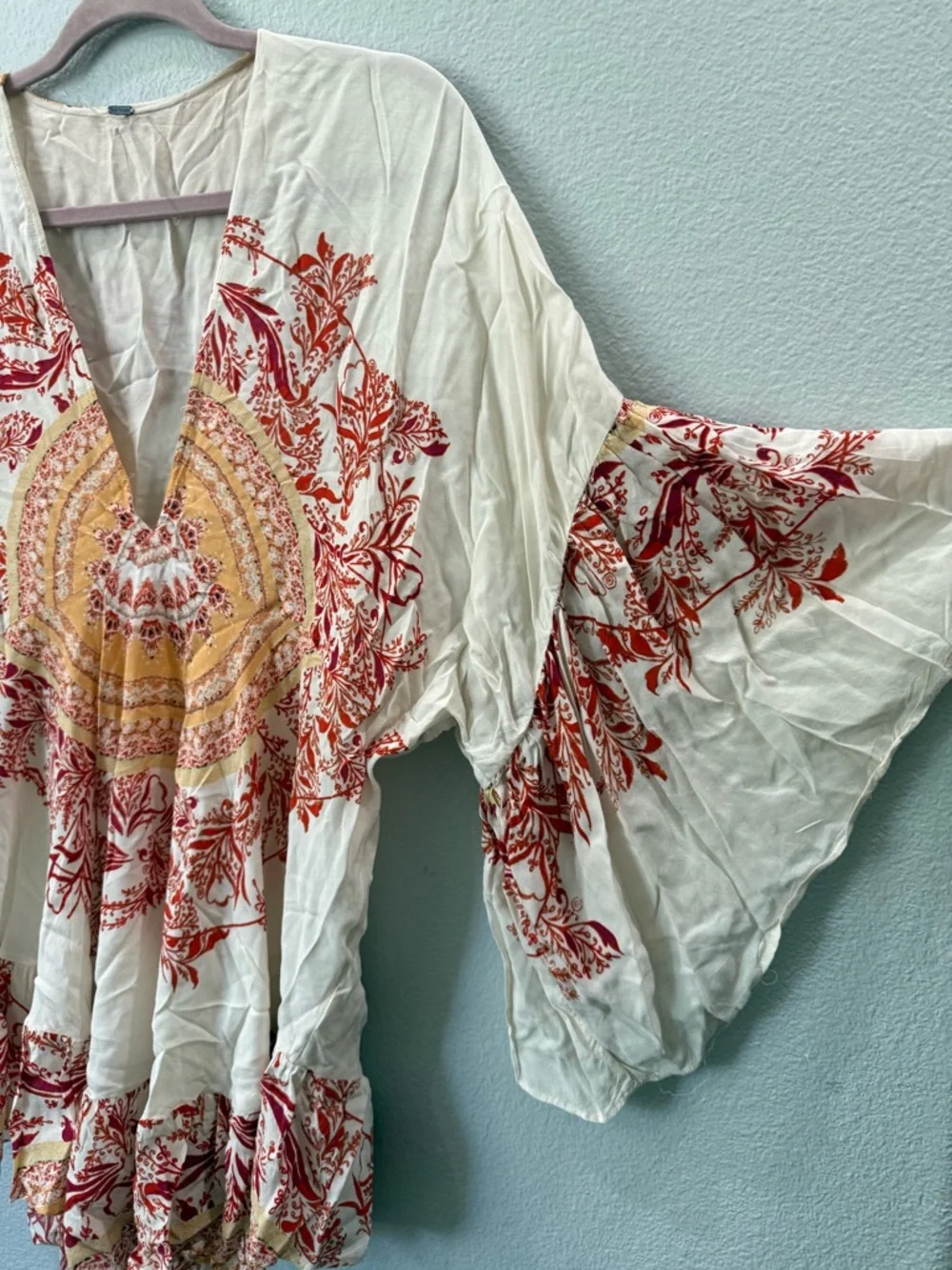 Free People Bohemian Ruffle Tunic Top Small Cream Red Festival Blouse - Picture 7 of 11